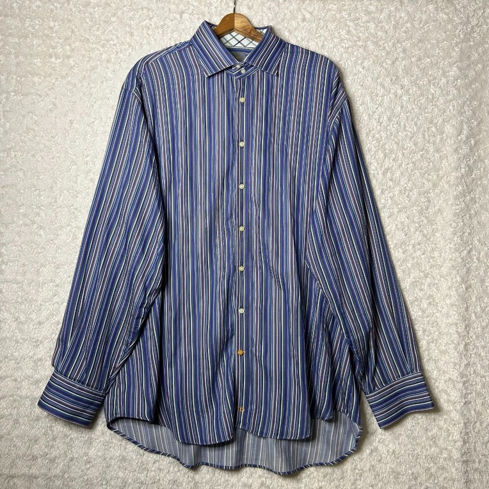 TD Thomas Dean Men's Button Down Purple Blue Striped Size XXL
